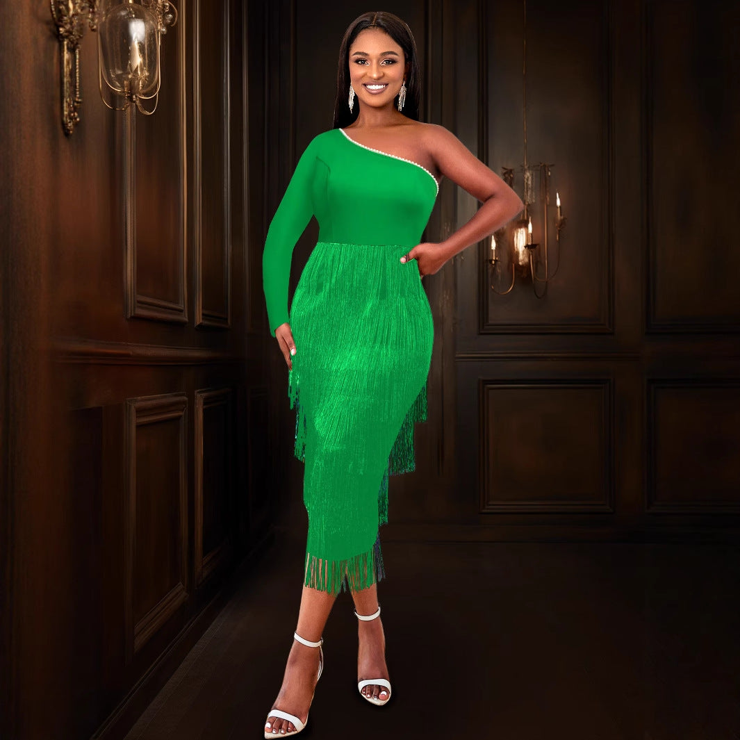 Women’s One-Shoulder Long Sleeve Dress – Elegant Asymmetrical Maxi Dress