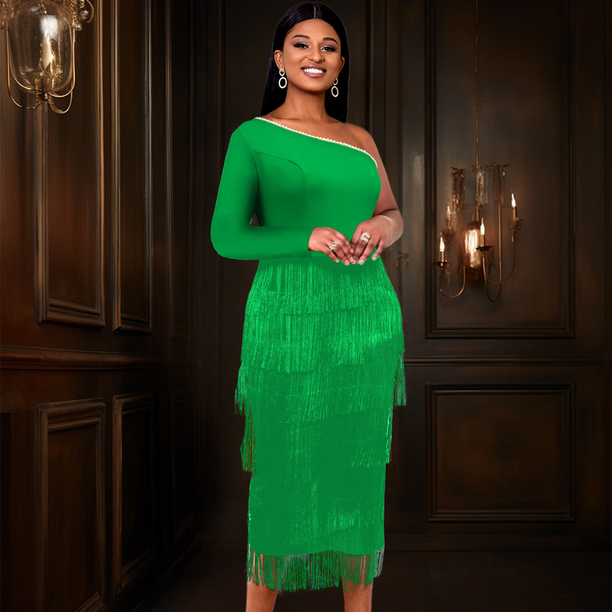 Women’s One-Shoulder Long Sleeve Dress – Elegant Asymmetrical Maxi Dress