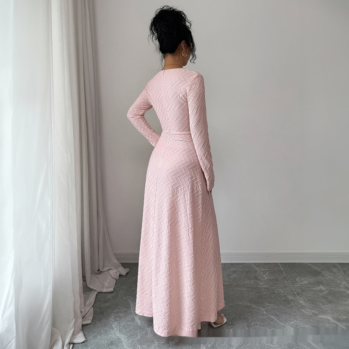 Women’s Deep V Long Sleeve Dress – Elegant Floor-Length Evening Gown