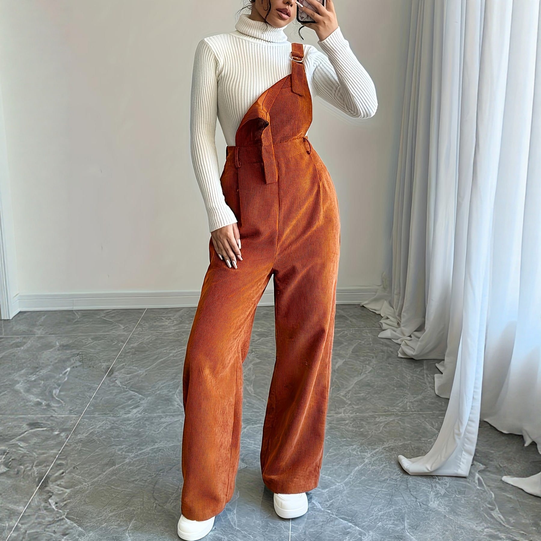 Corduroy Loose Straight Bib Pants – Women’s Casual Fashion Trousers