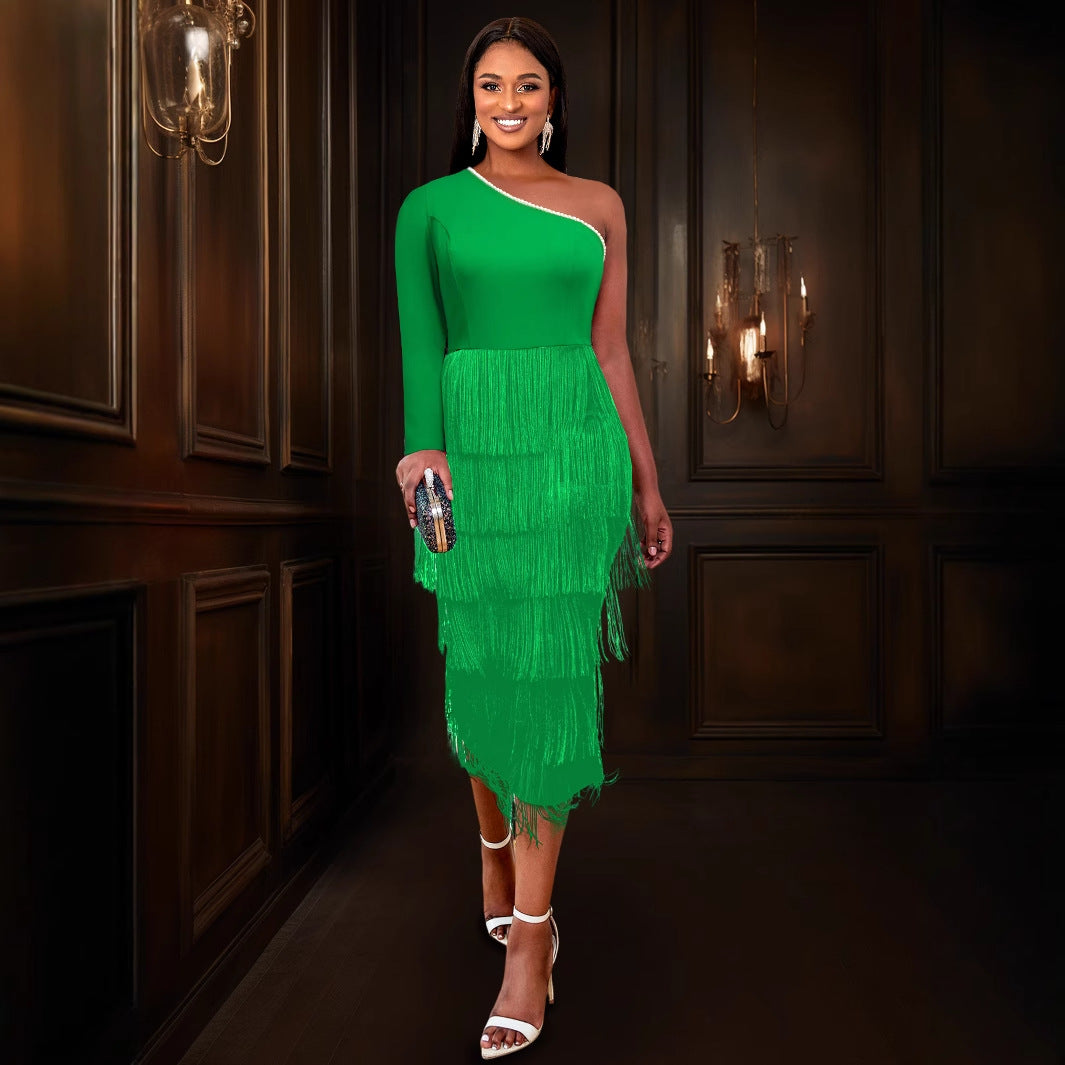 Women’s One-Shoulder Long Sleeve Dress – Elegant Asymmetrical Maxi Dress