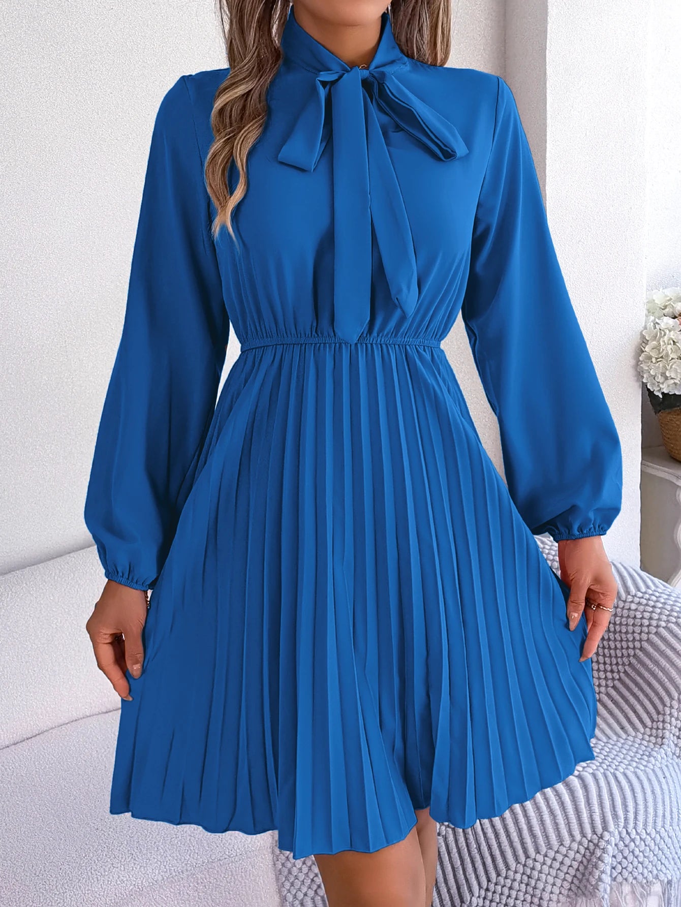 Casual Bow Long Sleeve Chiffon Pleated Dress