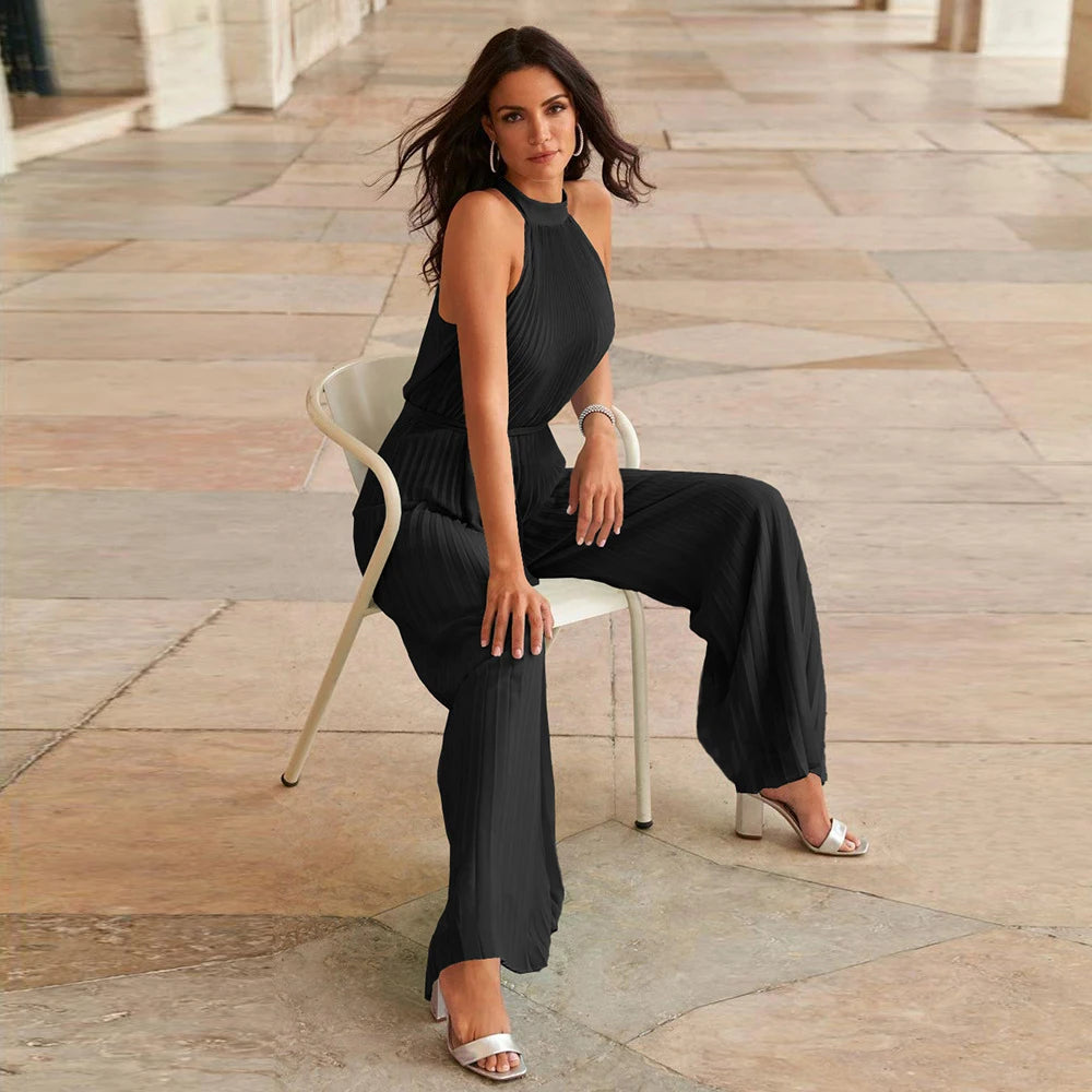 FZCSPEED  Women's Summer Fashion Halterneck Backless Long Jumpsuit Sleeveless Pleated Solid Color Wide-leg Jumpsuit with Belt