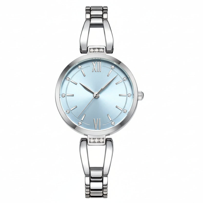 Silver Curren watch with a light blue face on a white background