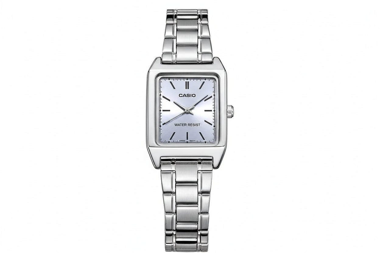 Silver Casio watch with a white face on a white background