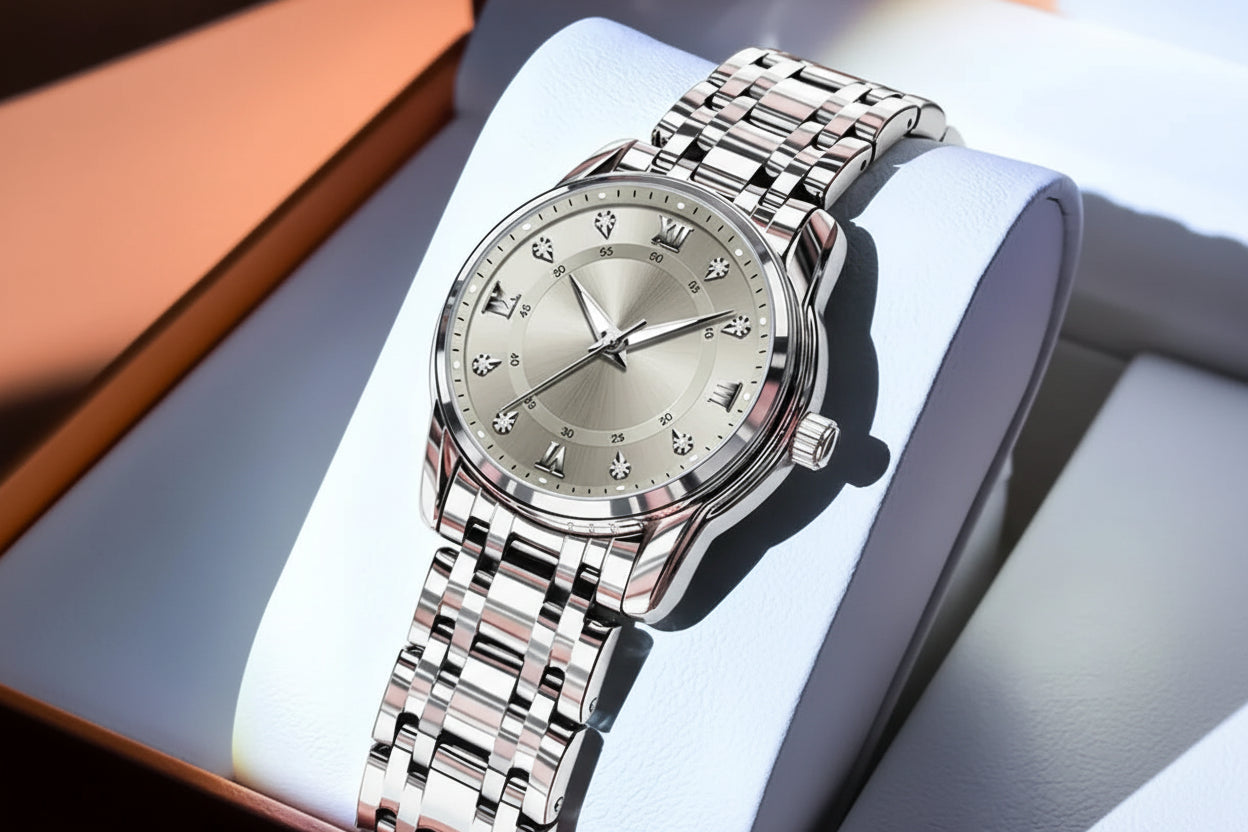 Silver watch with OLEVS branding on a light blue background