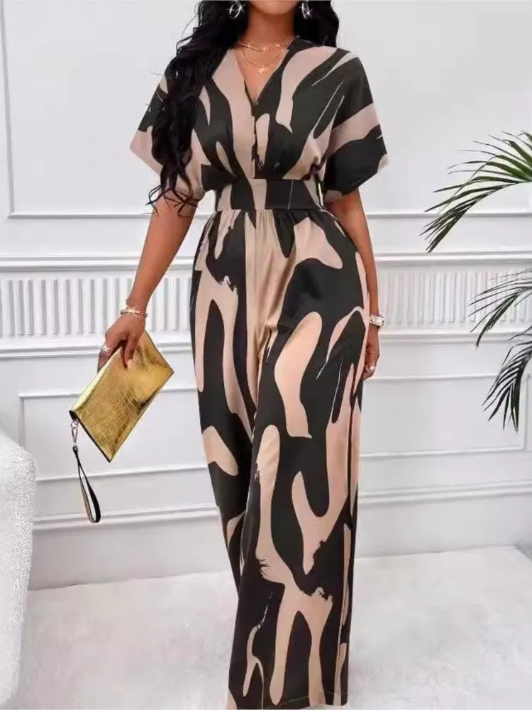 Women's Elegant V-neck Full-body Printed Bat Sleeve Wide-leg Jumpsuit Summer Commuting High-waisted Casual Jumpsuit Trousers