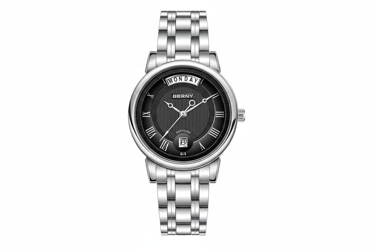 Silver wristwatch with black dial on a white background, featuring the brand 'BERNY'.