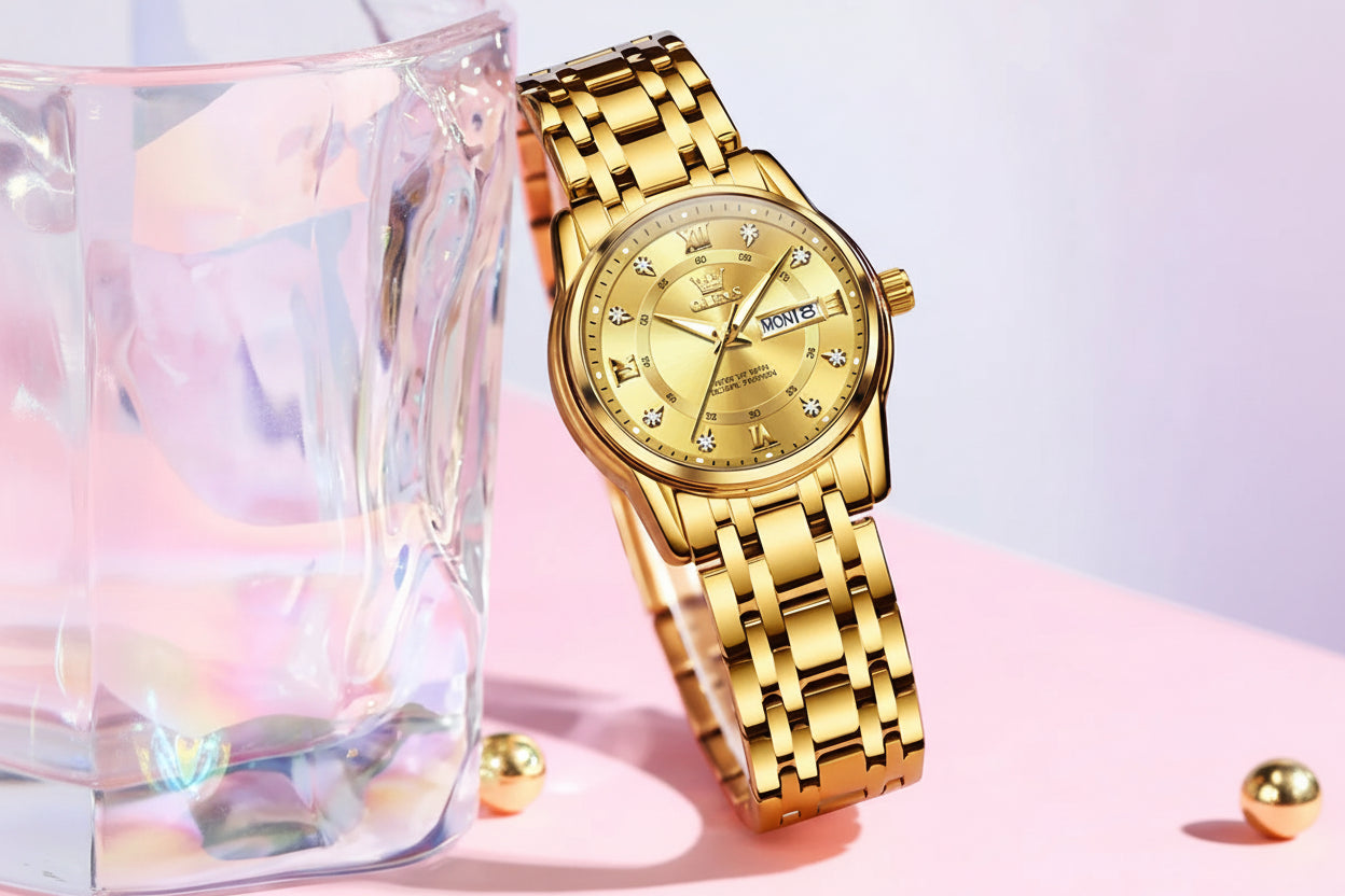 Gold wristwatch with a clear glass vase on a pink background, featuring the OLEVS brand.