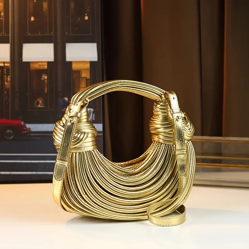 Women’s Luxury Handwoven Gold Handbag – Designer Rope Noodle Bag 2025