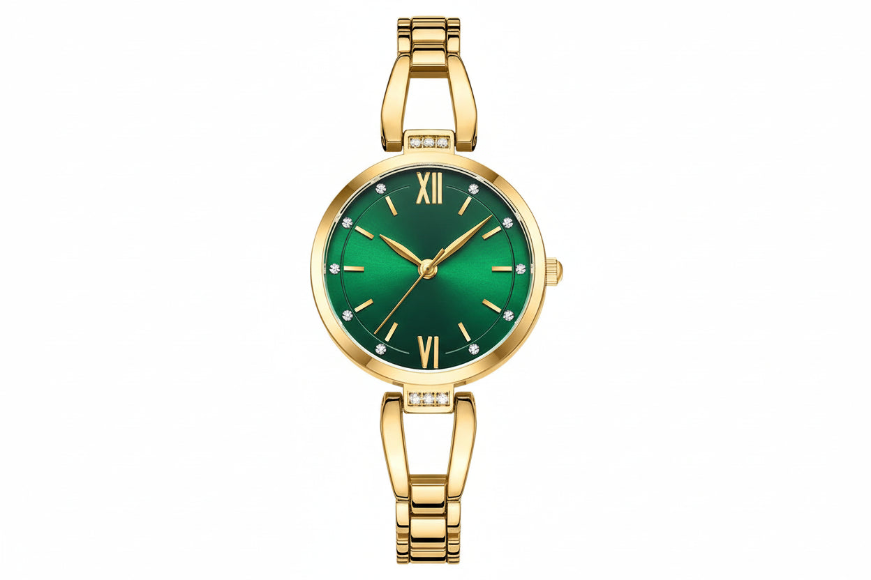 Gold watch with green face on a white background, featuring the brand 'Curren'.