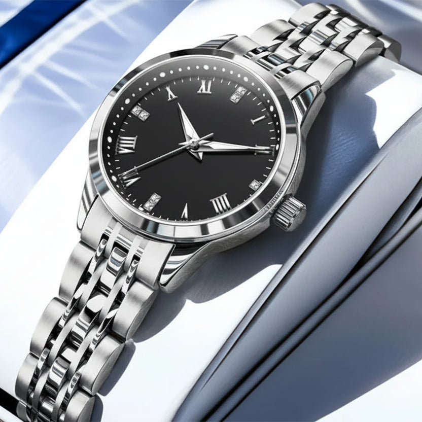 Silver watch with black dial on a white and blue background, featuring the OLEVS brand.