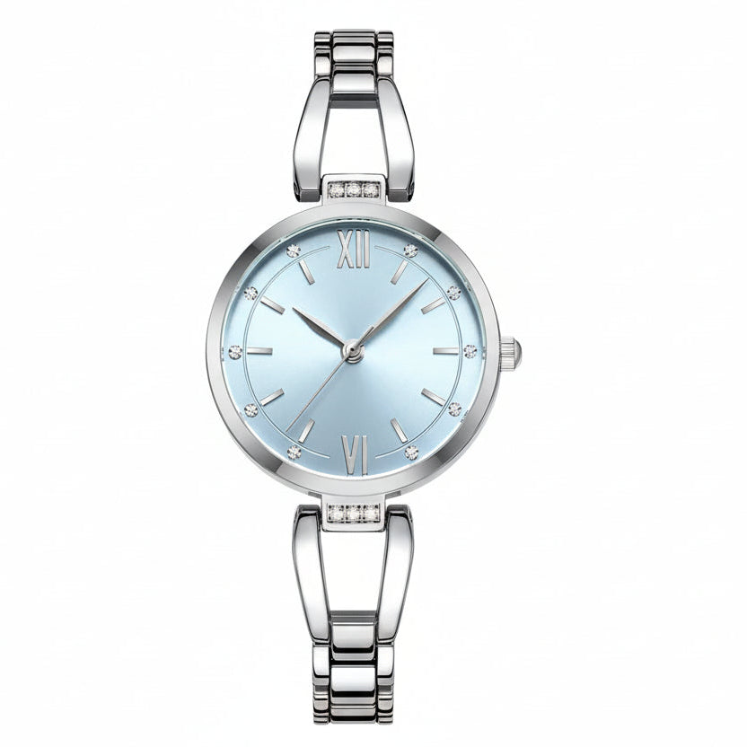Silver Curren watch with blue face on a white background