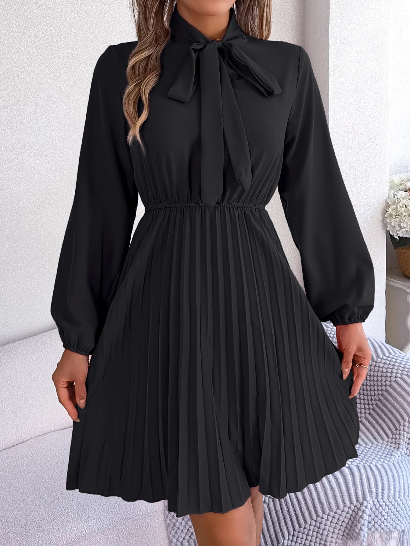 Casual Bow Long Sleeve Chiffon Pleated Dress