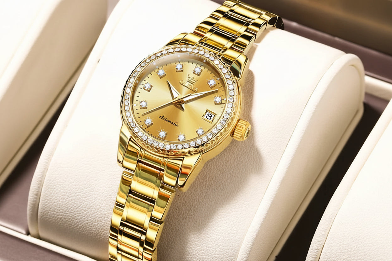 Gold wristwatch with diamond accents on a white cushion, brand 'OLEVS' visible.