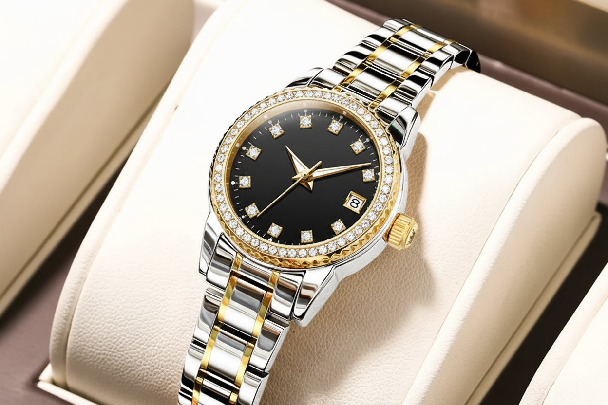 Luxury watch with OLEVS branding on a beige cushion