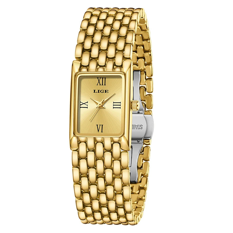 LIGE 2025 Women’s Gold Quartz Watch – Stainless Steel Bracelet