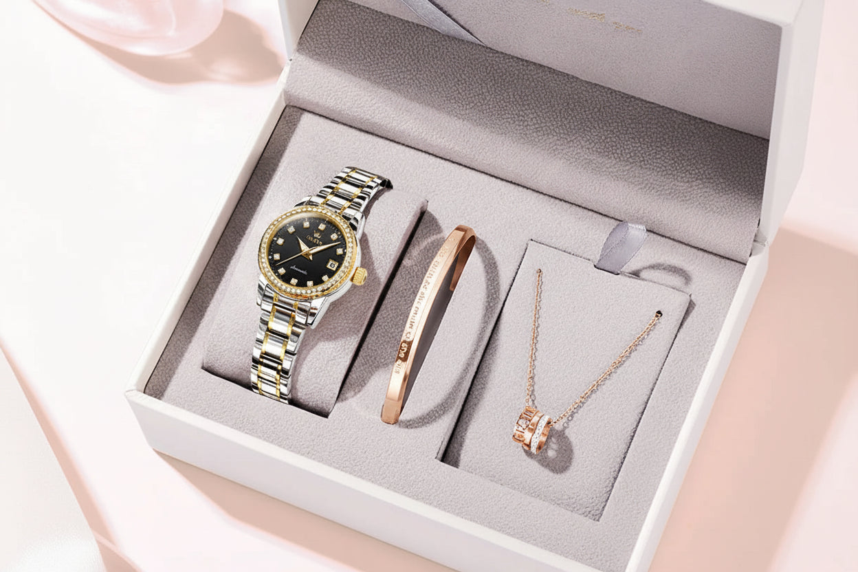 Jewelry set with watch, bracelet, and necklace in a box, featuring the OLEVS brand.
