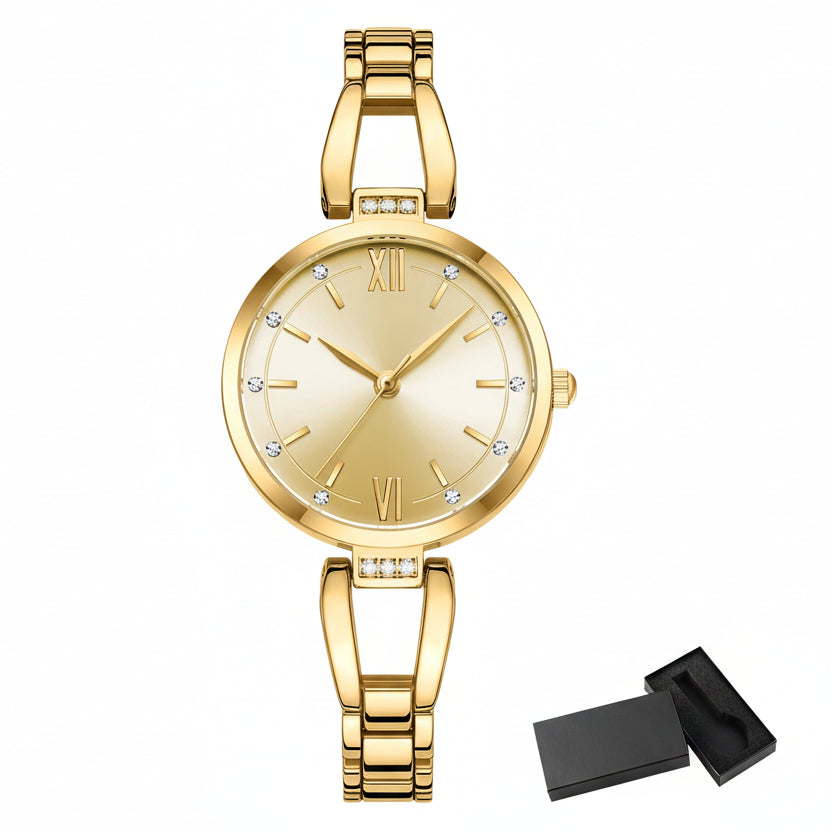 Gold Curren watch with a matching box on a white background