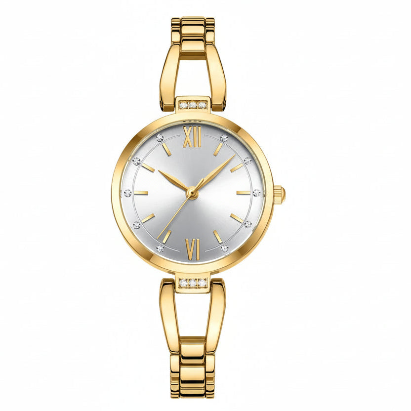 Gold Curren watch with a white face on a white background