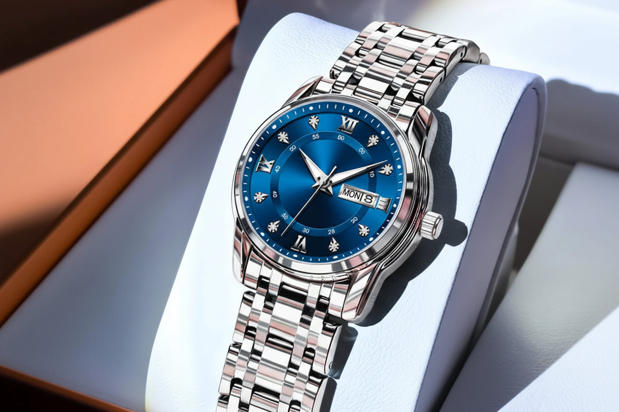 Silver watch with blue face on a white surface, branded 'OLEVS'.