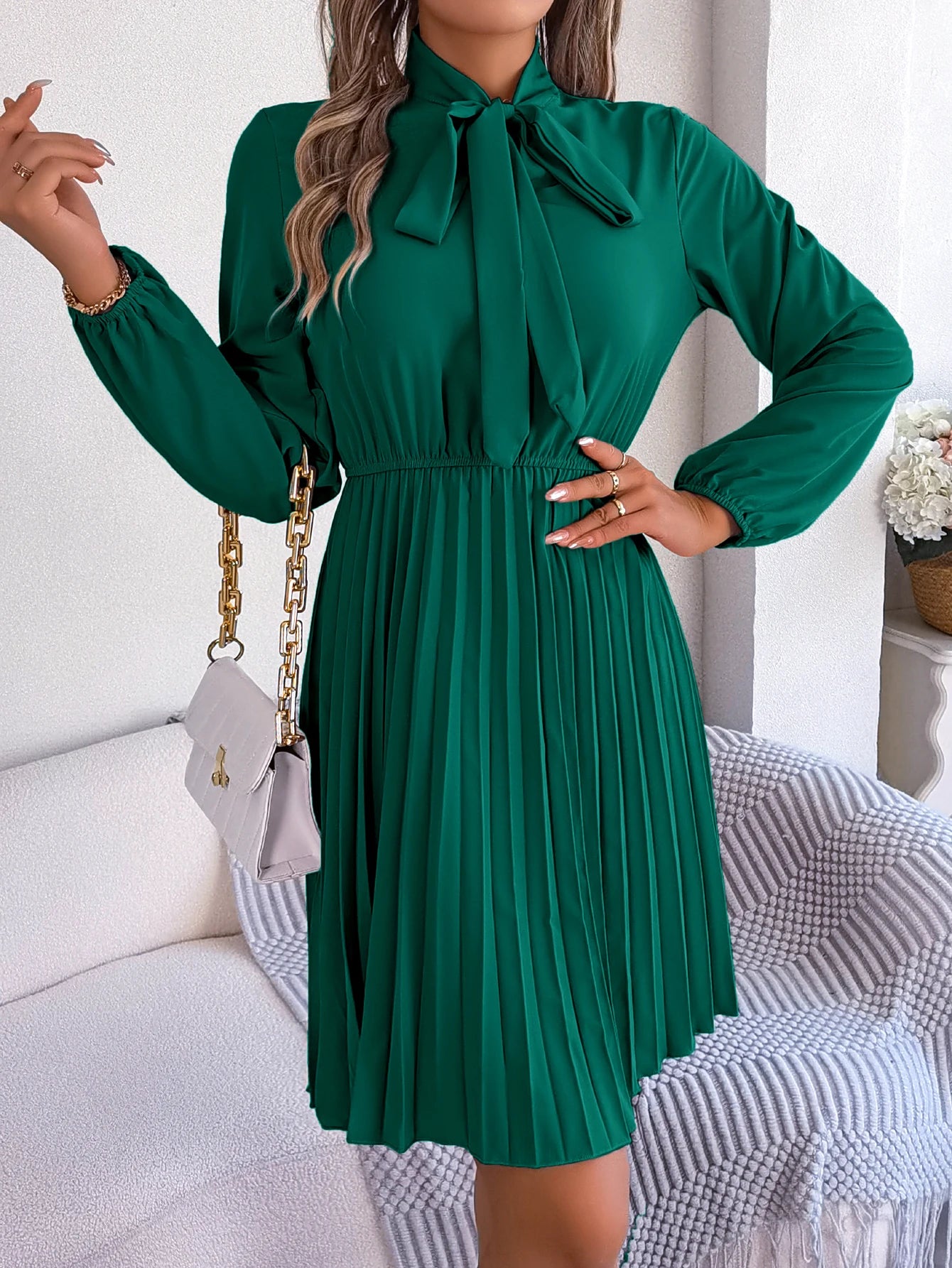 Casual Bow Long Sleeve Chiffon Pleated Dress