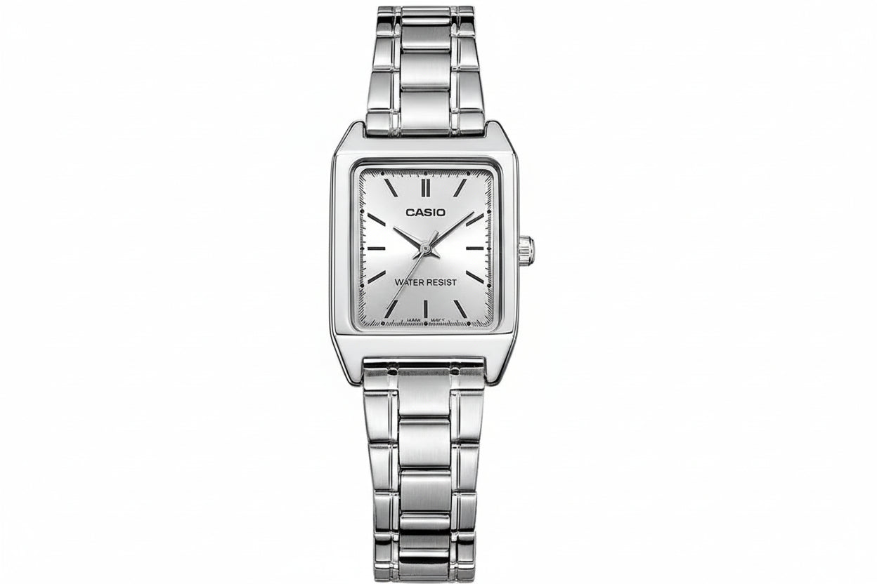 Casio watch with silver metal strap on a white background