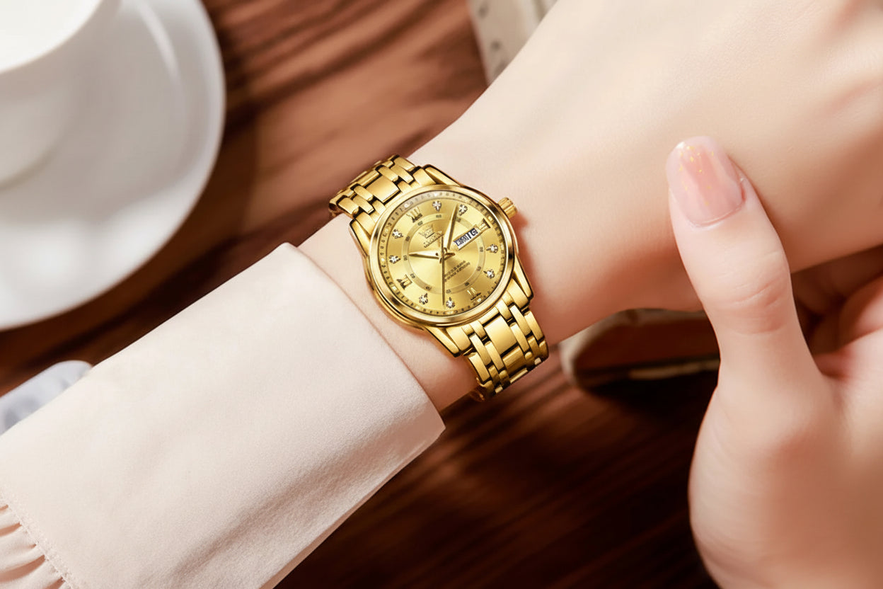 Gold wristwatch on a person's wrist with OLEVS logo in the corner.