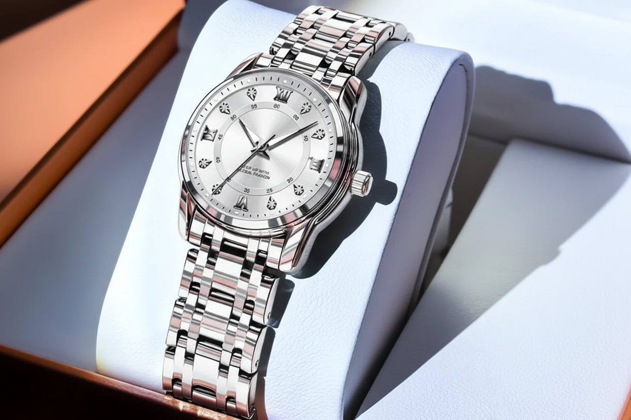 Silver watch with OLEVS branding on a white background