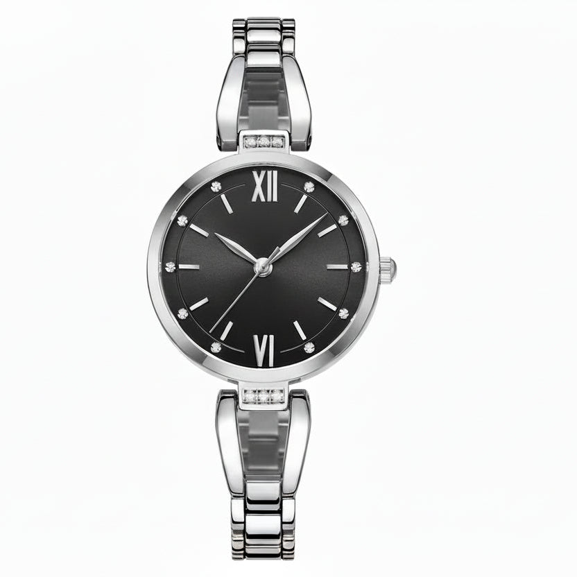 Curren watch with black dial and silver bracelet on a white background