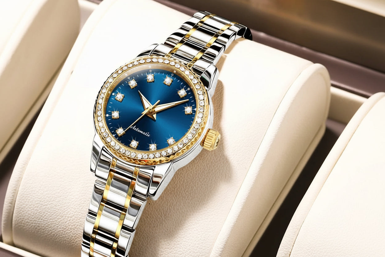 Luxury watch with blue dial and diamond accents on a beige cushion, branded OLEVS.