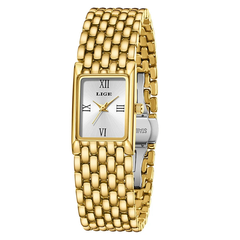 LIGE 2025 Women’s Gold Quartz Watch – Stainless Steel Bracelet
