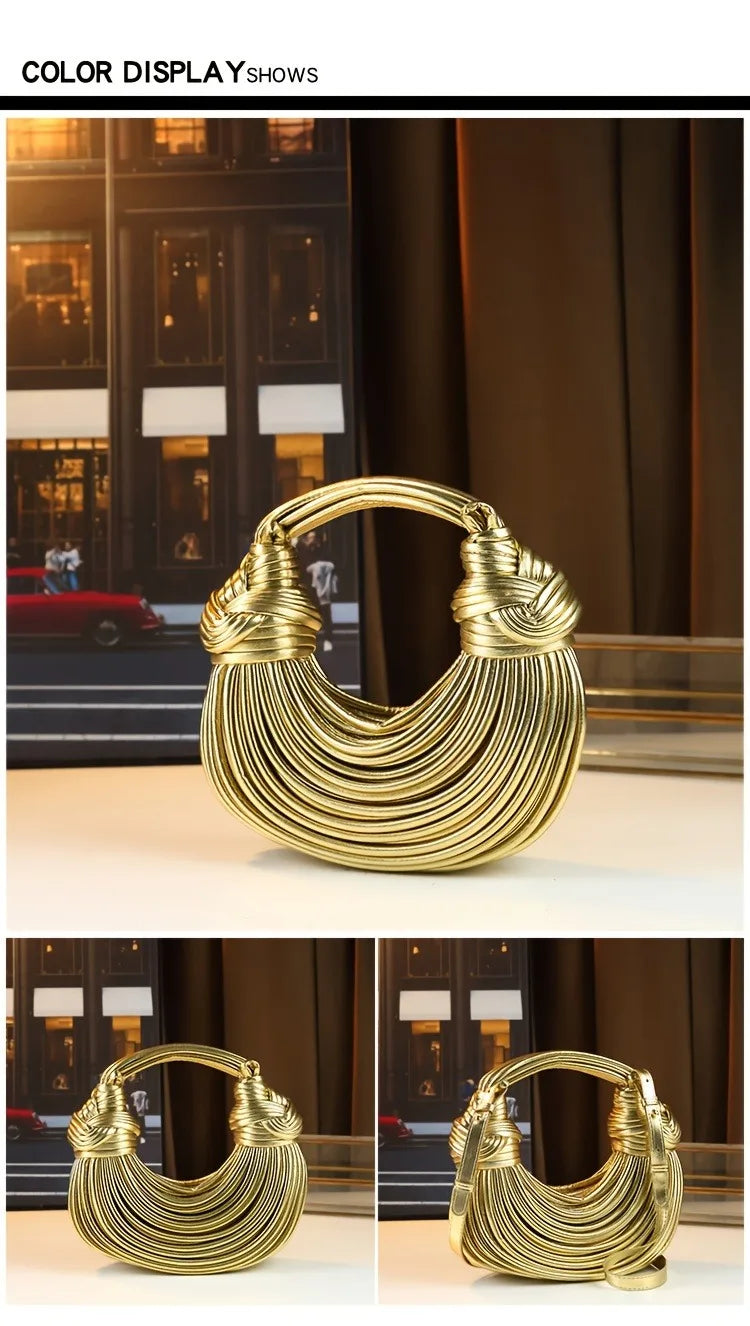 Women’s Luxury Handwoven Gold Handbag – Designer Rope Noodle Bag 2025