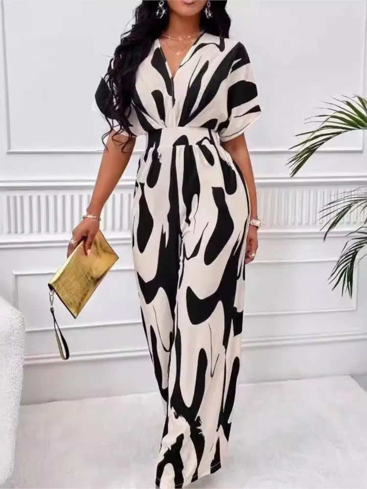 Women's Elegant V-neck Full-body Printed Bat Sleeve Wide-leg Jumpsuit Summer Commuting High-waisted Casual Jumpsuit Trousers