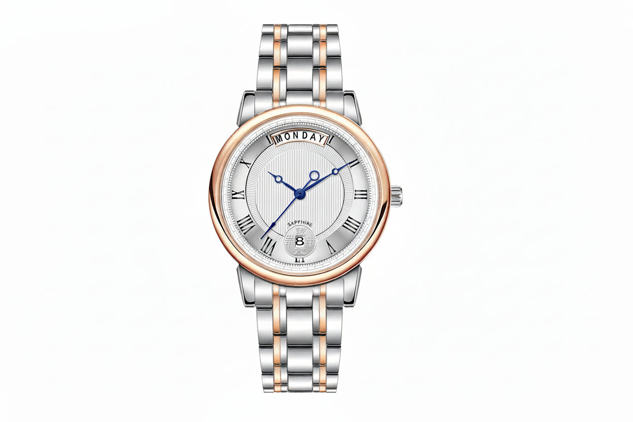 Berny watch with silver and rose gold band on a white background