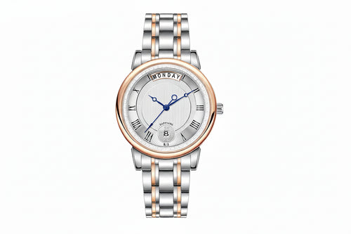 Berny watch with silver and rose gold band on a white background