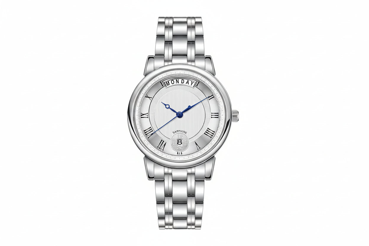 Silver wristwatch with a white face displaying the brand 'BERNY' on a white background.