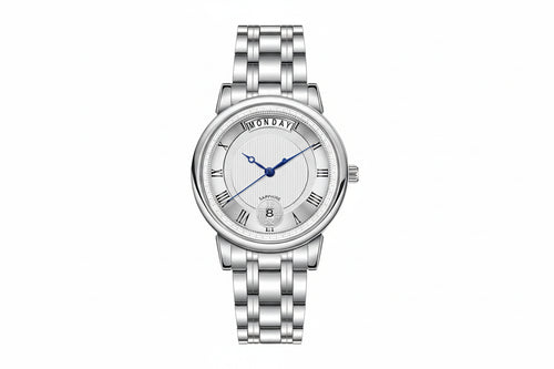 Silver wristwatch with a white face displaying the brand 'BERNY' on a white background.