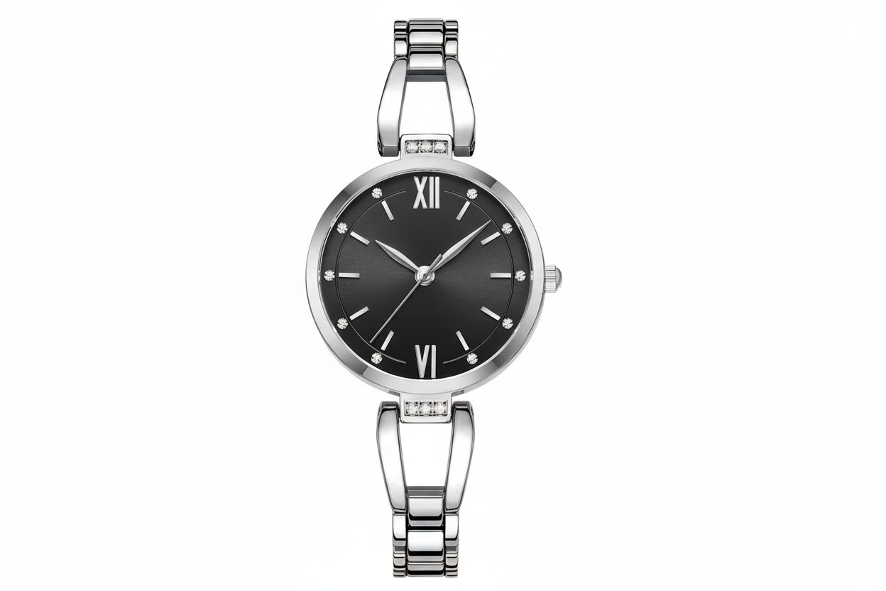 Silver Curren watch with black dial on a white background