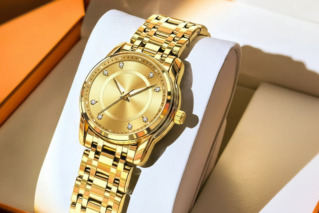 Gold wristwatch with OLEVS branding on a white surface