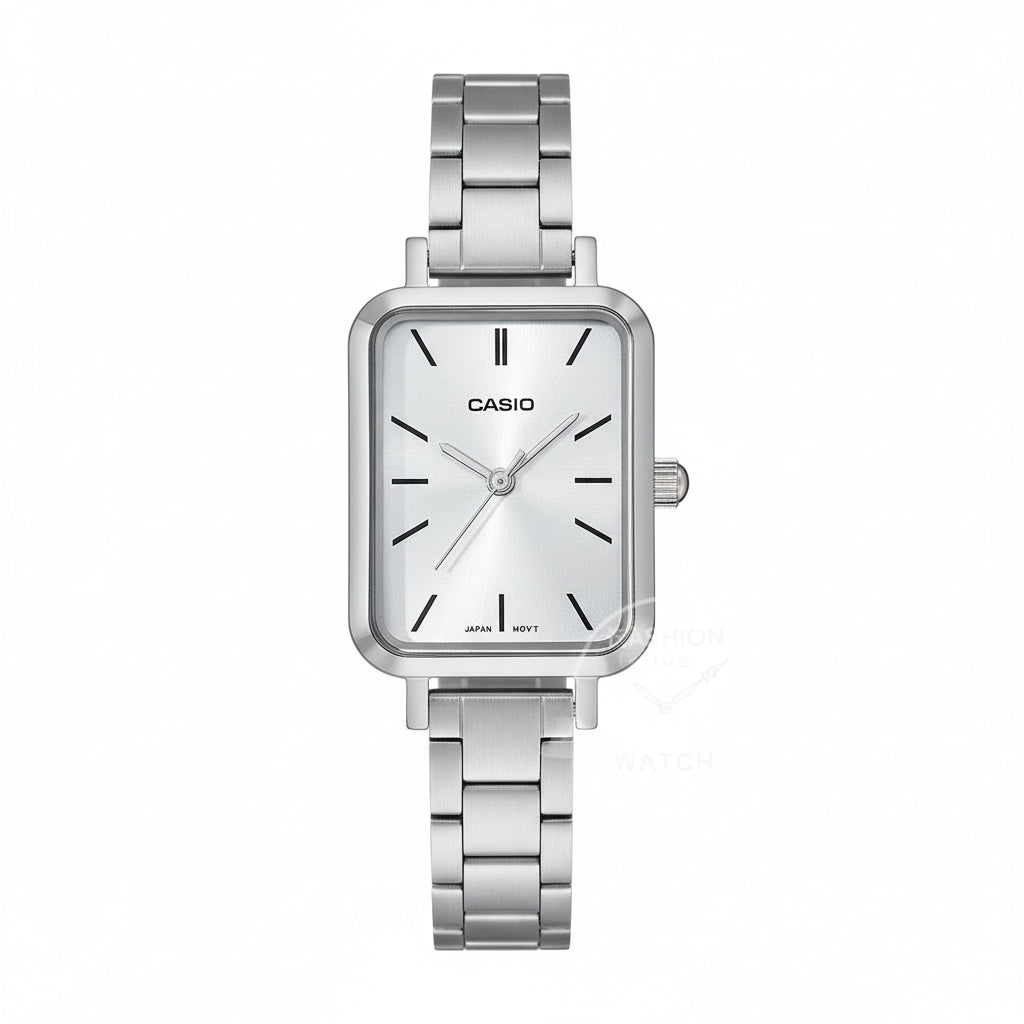Silver Casio watch with a white face on a white background