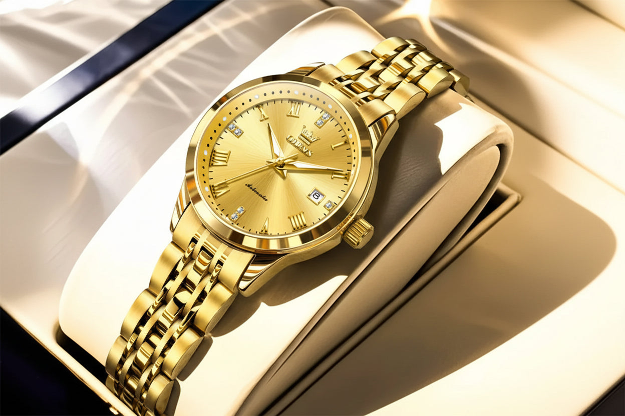 Gold wristwatch with detailed face on a reflective surface, OLEVS brand visible.