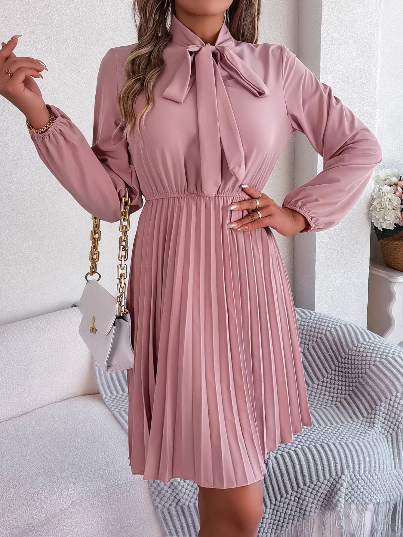 Casual Bow Long Sleeve Chiffon Pleated Dress
