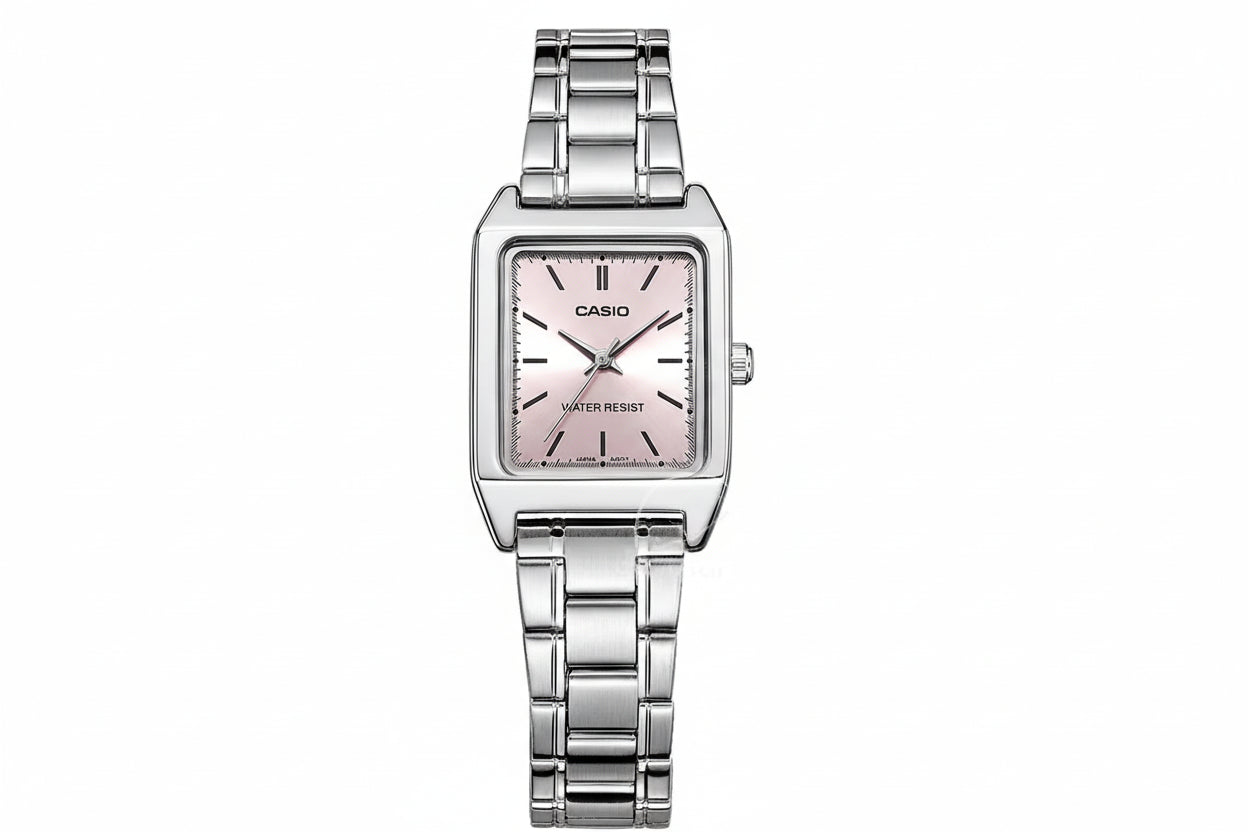 Casio watch with silver metal strap and pink dial on a white background