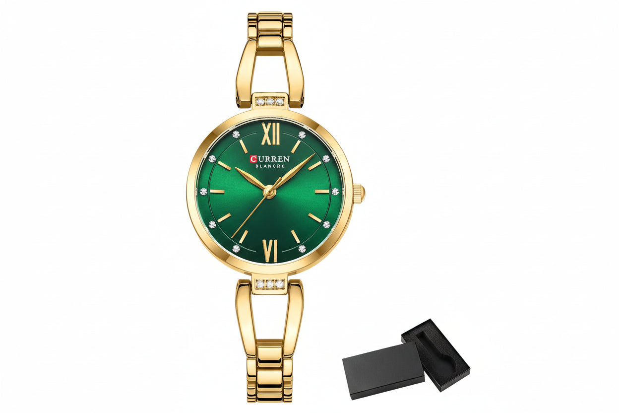 Gold watch with green face and Curren branding on a white background