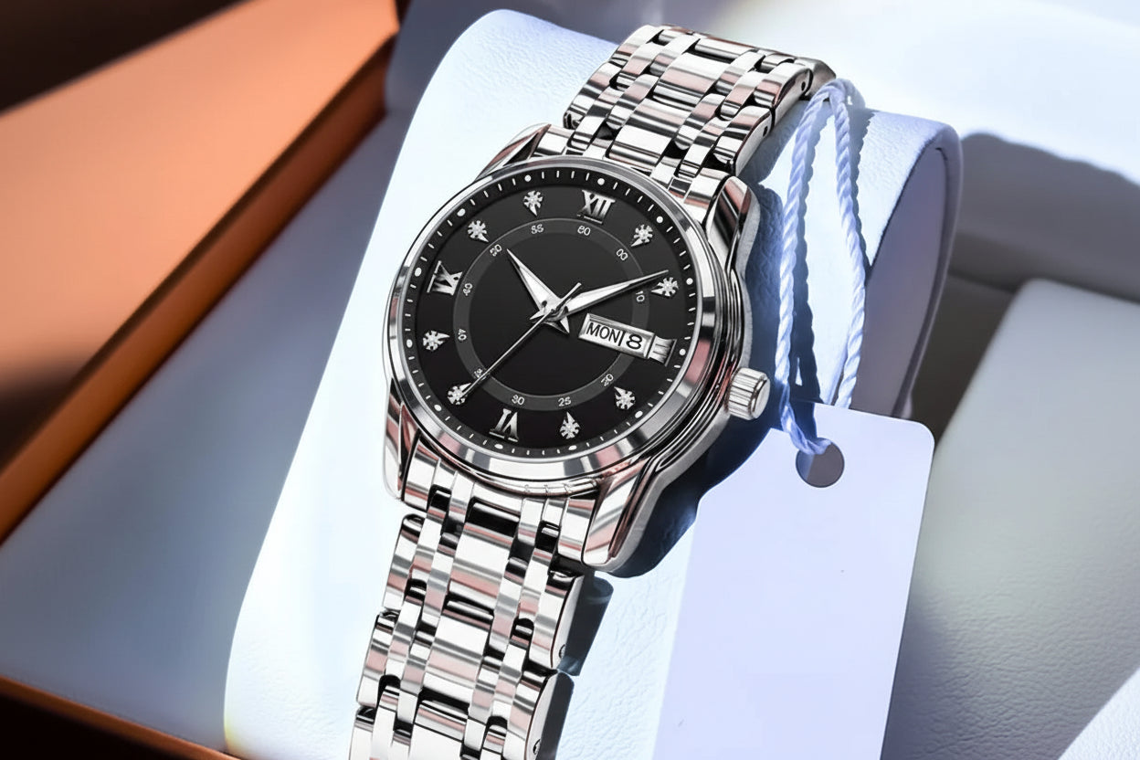 Silver watch with black dial on a white surface, featuring the OLEVS brand.