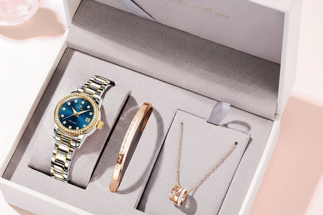Jewelry set with watch, bracelet, and necklace in a box, featuring the OLEVS brand.