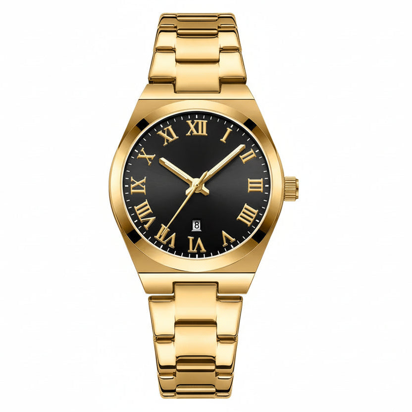 Gold wristwatch with black dial featuring Roman numerals on a white background, branded 'Curren'.