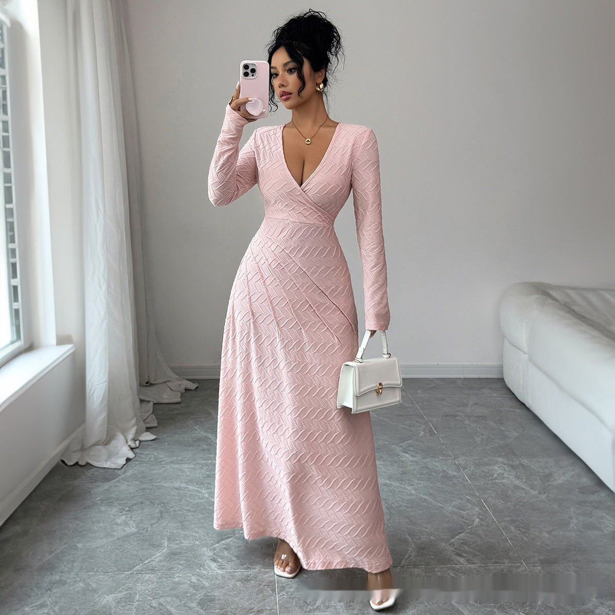 Women’s Deep V Long Sleeve Dress – Elegant Floor-Length Evening Gown